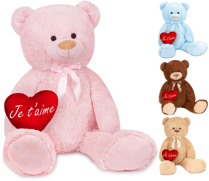 BRUBAKER XXL Teddybär 100 cm Rosa mit einem Je T'Aime Herz Stofftier Plüschtier Kuscheltier, Rosa