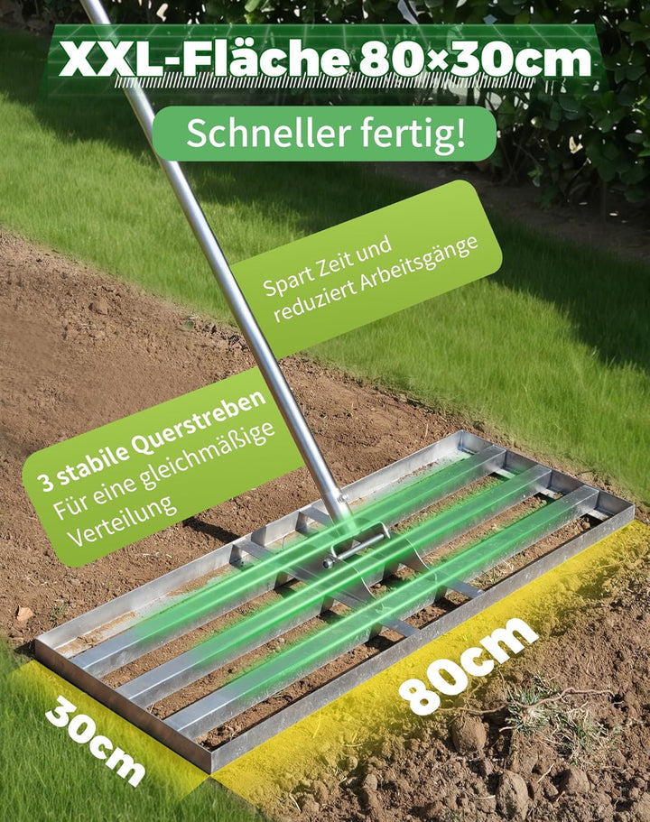 Rasenrakel 80x30 cm Rasenplanier-Rechen mit Verstellbarer Metallstiel (140-215cm) Rasenrechen zum Ra