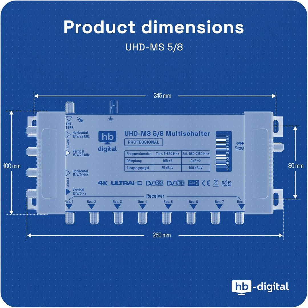 HB-DIGITAL Multischalter pmse 5/8 1x SAT bis 8 x Teilnehmer/Receiver für Full HDTV 3D 4K UHD mit Net