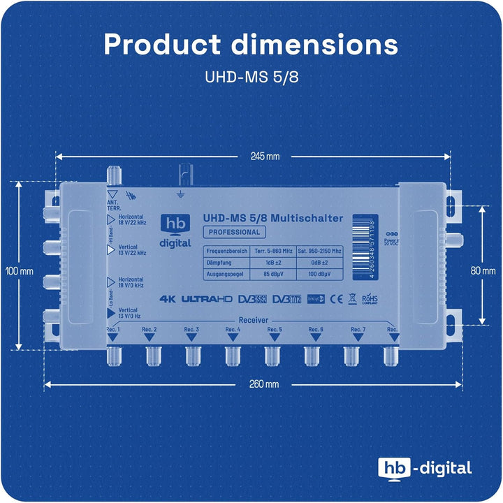 HB-DIGITAL Multischalter pmse 5/8 1x SAT bis 8 x Teilnehmer/Receiver für Full HDTV 3D 4K UHD mit Net