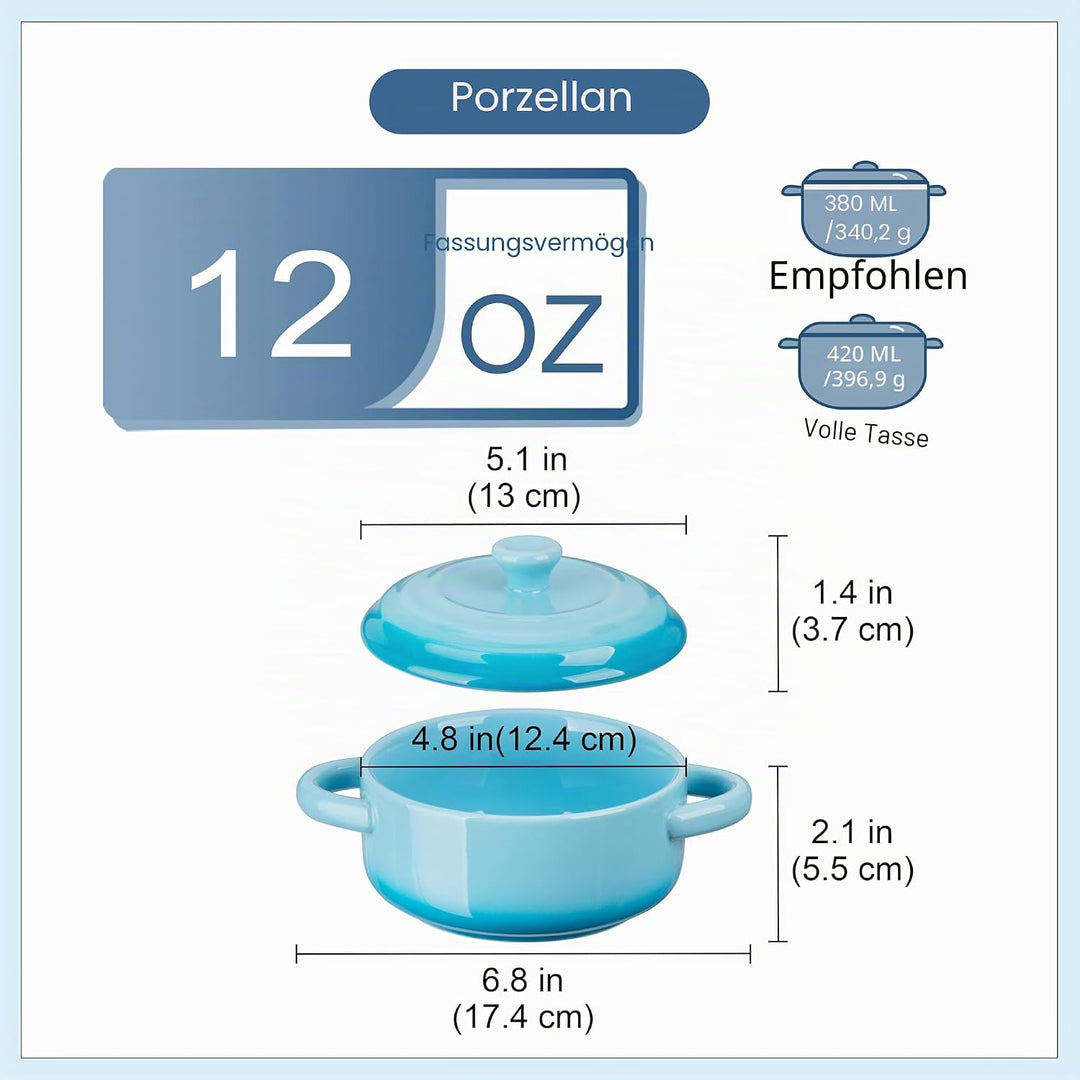 LOVECASA Kleine Auflaufform aus Steinzeug, 4 x 380 ml Mini-Cocotte mit Deckel, Souffle Förmchen Back