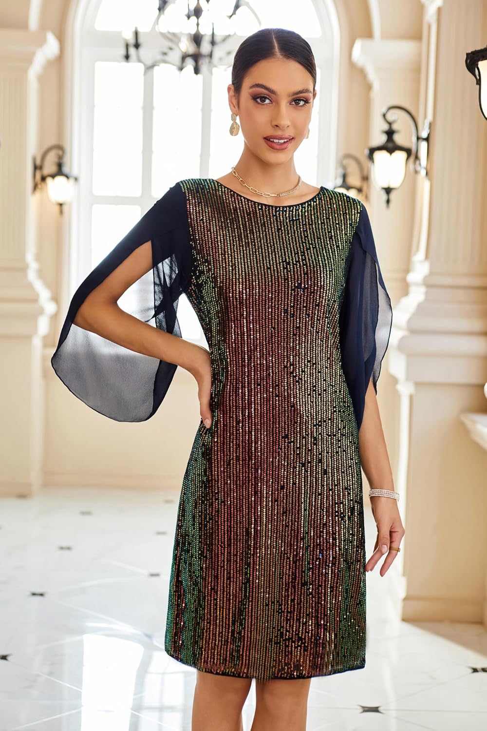 GRACE KARIN Damen Pailletten Kleid 3/4 Ärmel Party Cocktailkleid Club Glitzer Kleid Vintage MidiKlei