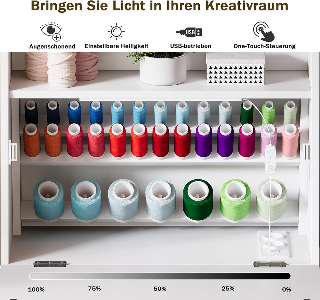 LED Nähtisch klappbar mit 33 Garnhalter & 2 Steckdosen, USB+Typ-C Nähmaschinenschrank mit viel Staur