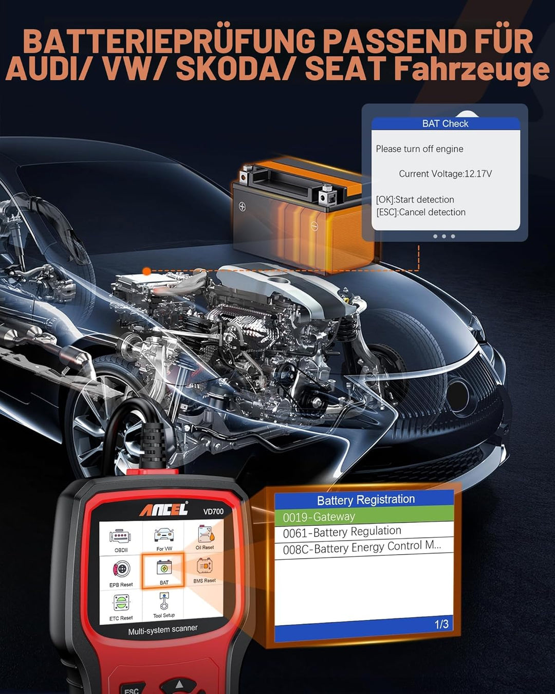 ANCEL (Upgraded Version) Ganzes System OBD2 Diagnosegerät für VAG Fahrzeuge, OBD Diagnose Scanner fü