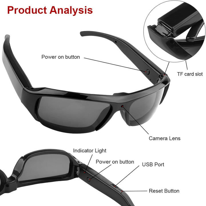 Fockety 1080p Kamera Sonnenbrille, Anti -Shake -Weitwinkel -Objektivsport -Action -Kamera -Brille mi