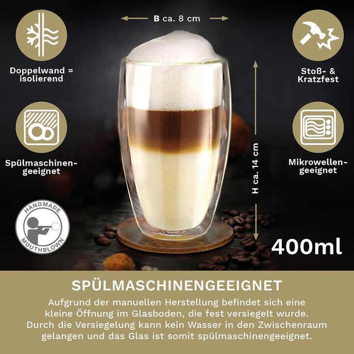 Creano doppelwandiges Thermoglas 400ml „DG-SH“, grosses Doppelwandglas aus Borosilikatglas, doppelwa