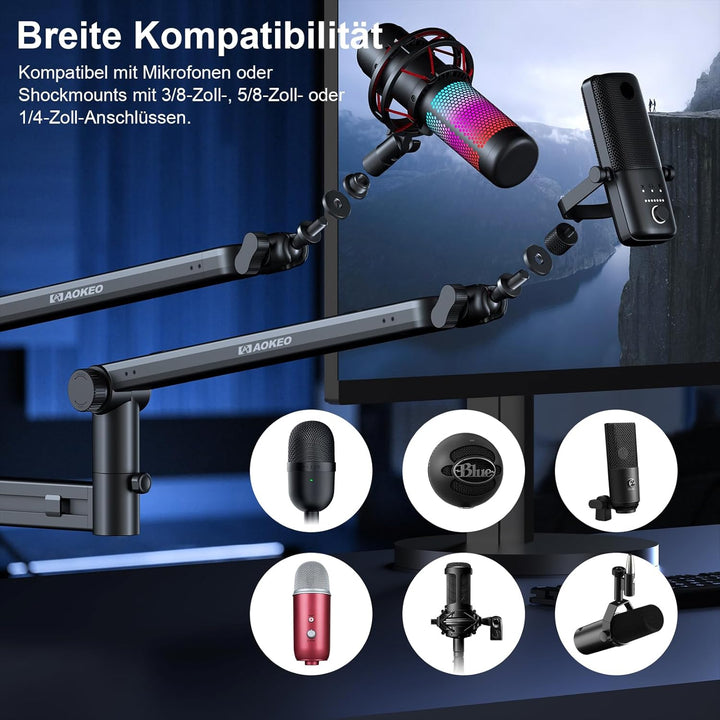 Mikrofon Arm,Aokeo AK-58 Niedriges Profil Mikrofon Ständer Arm für HyperX QuadCast,SoloCast,Elgato W