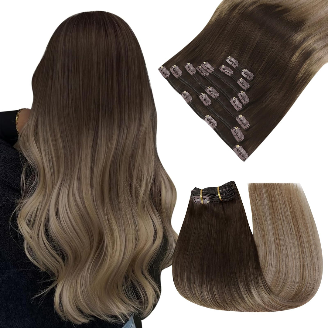 Easyouth Clip in Echthaar Extensions Braun Ombre Extensions Echthaar Clip in Dunkelbraun Balayage Mi