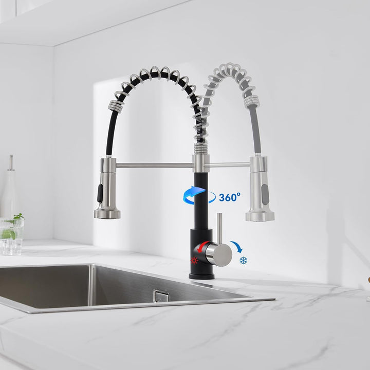 Auralum Wasserhahn Küche Schwarz, Küchenarmatur mit Brause Ausziehbar, Mischbatterie küche mit 2 Str