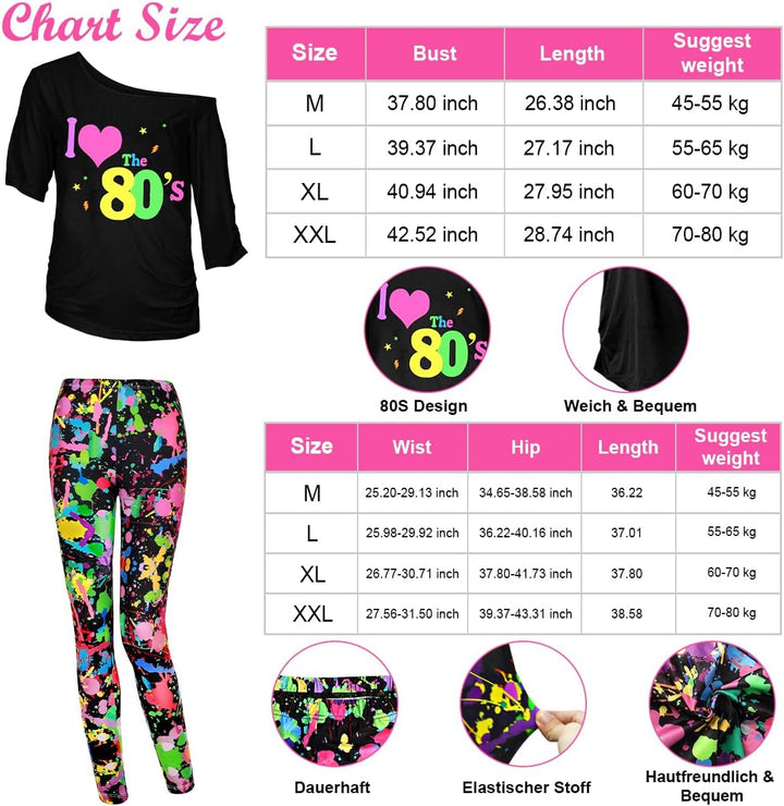 80er 90er Jahre Outfit Leggings Bunte Damen, Neon Kleidung Bauchtasche TuTu Stirnband Ohrring Halske