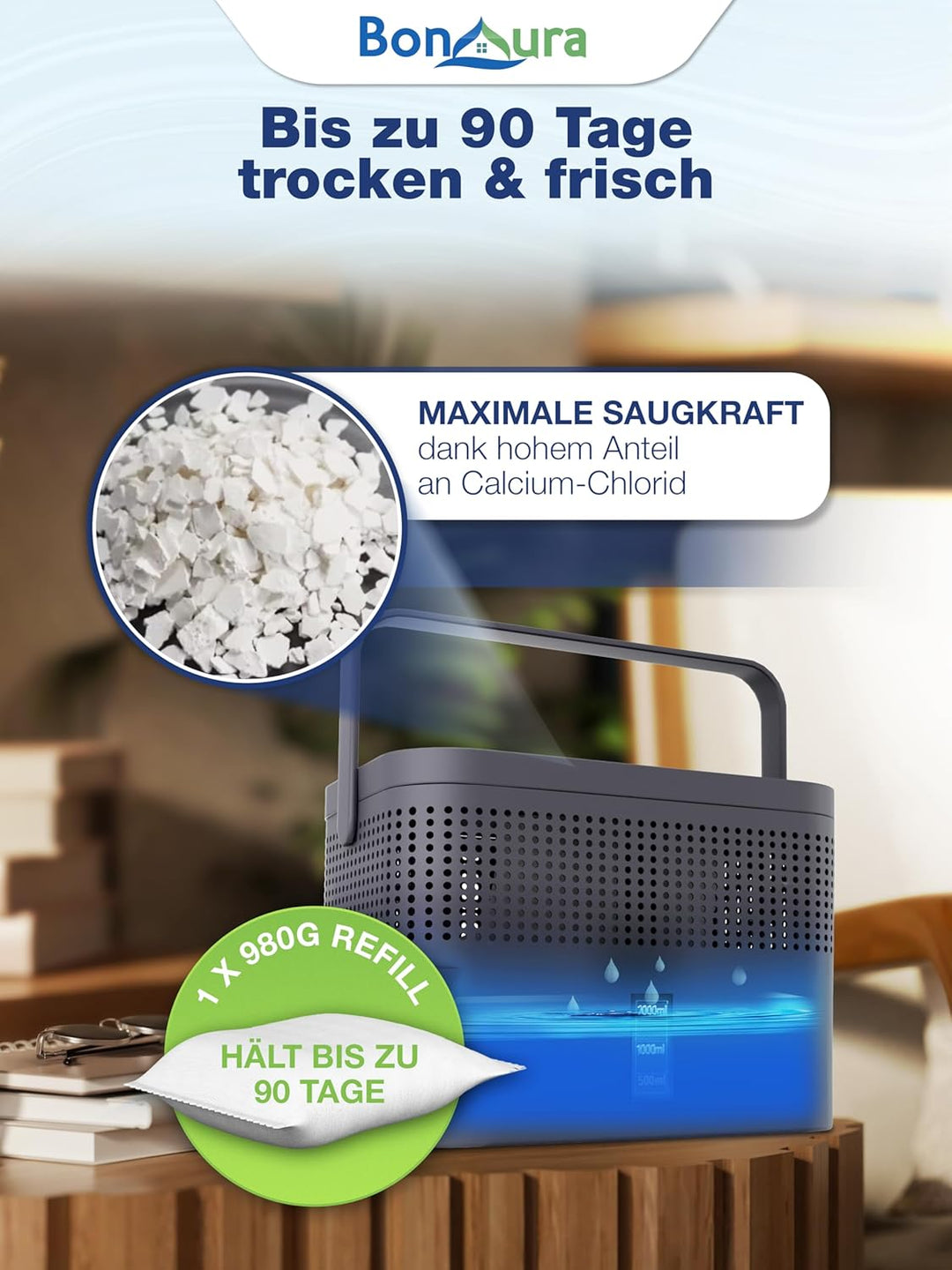 BonAura® AirOne Max Luftentfeuchter Nachfüllpack I 2er Set 980g Luftentfeuchter Granulat I Entfeucht