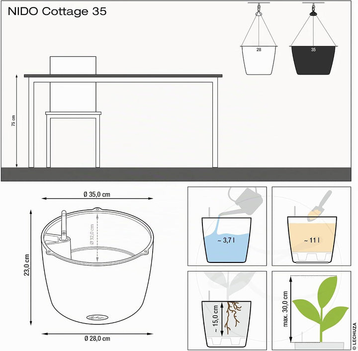 LECHUZA NIDO Cottage 35 graphitschwarz 15303 Graphitschwarz 35x35x23 cm Single, Graphitschwarz 35x35