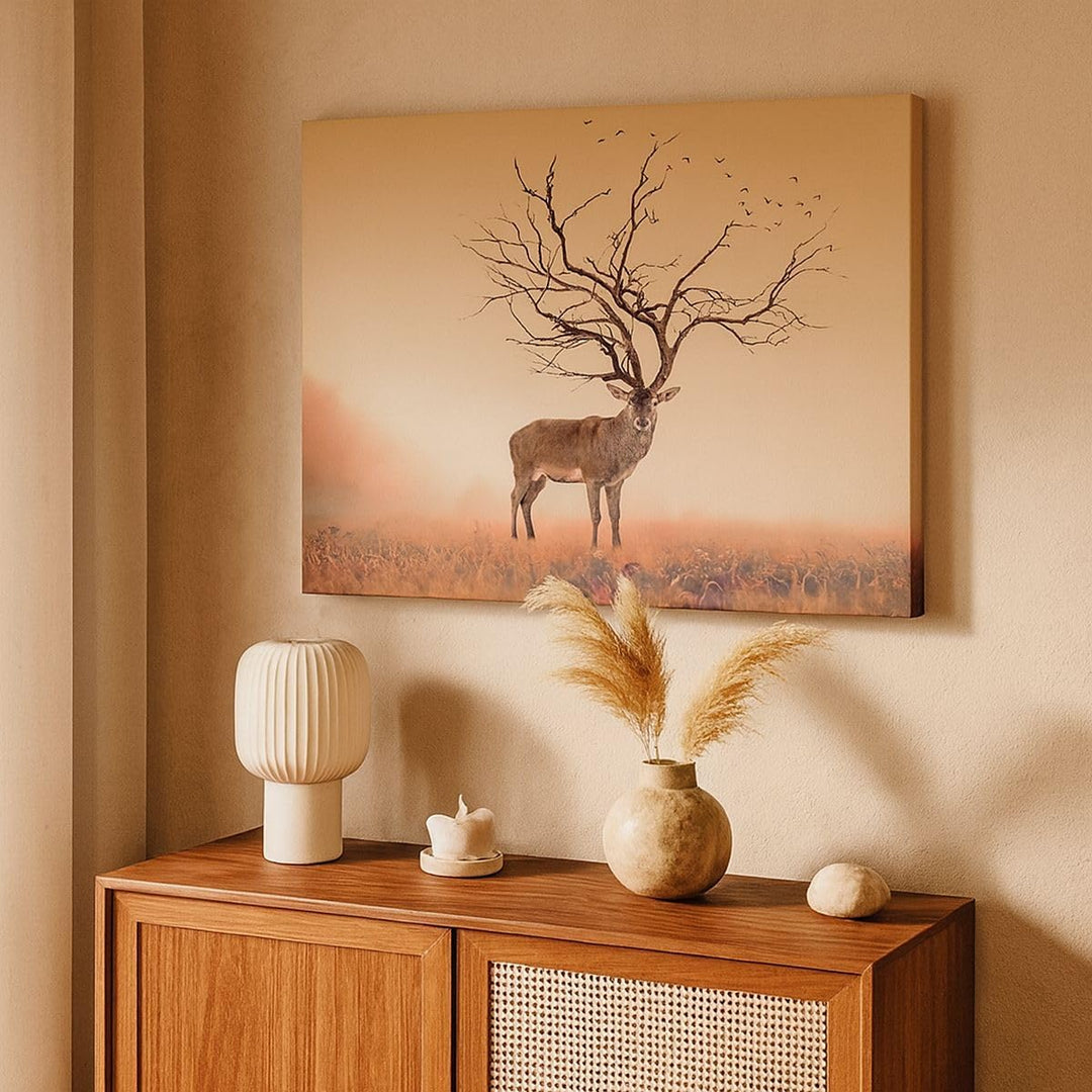 ARTTOR Bilder auf Leinwand 100x70cm Leinwandbild Hirsch Baum Nebel Wald Gross Wanddeko Bild Schlafzi