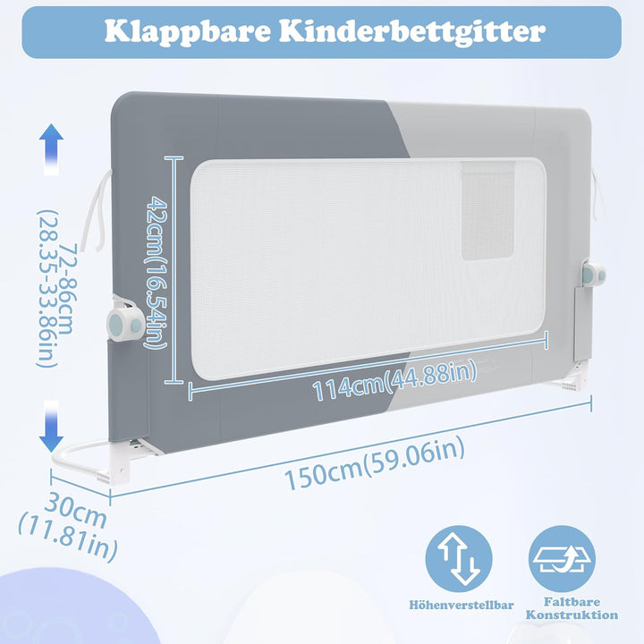 UISEBRT Bettgitter 150cm Bettschutzgitter Klappbar für Kleinkinder, Rausfallschutz Höhenverstellbar