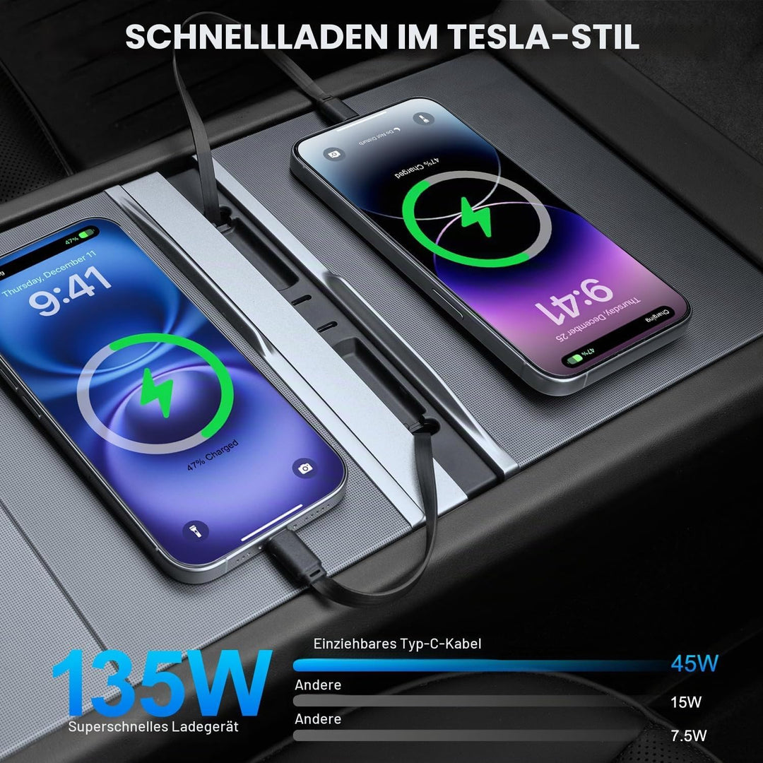 USB Hub für Tesla Model Y Juniper 2025-2026 und Model 3 Highland 2024-2025, 135W Zwei Ausziehbare Ty