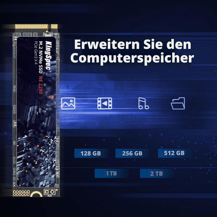 KingSpec SSD 256GB, M.2 NVMe Gen3x4 SSD 2280 - Bis zu 2400MB/s, Internes Solid State Drive mit 3D NA