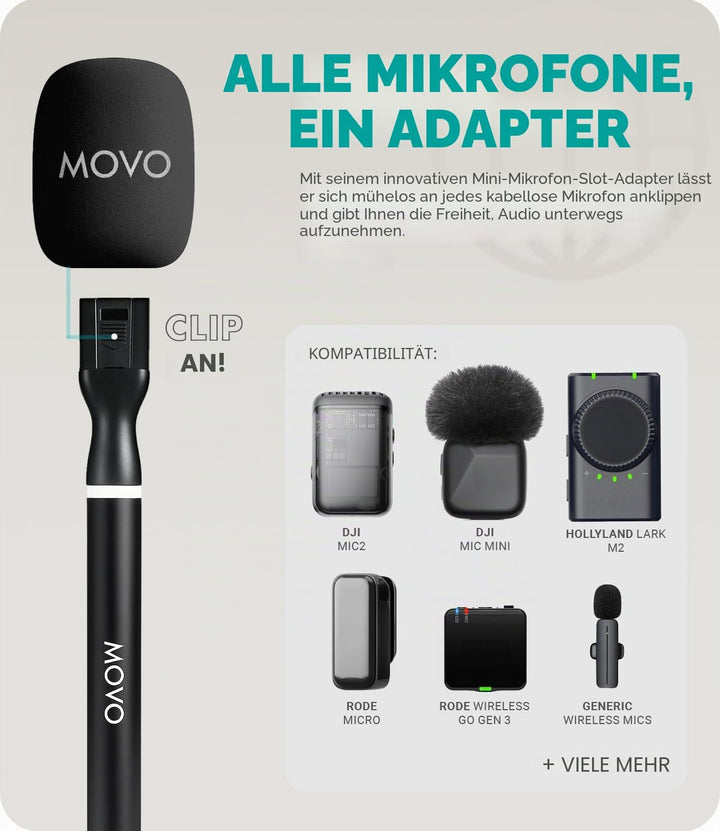 Movo WMX-HM2 Kabelloser Mikrofongriff für DJI Mic, Rode GO II - Handheld Interview Grip mit Mic Halt
