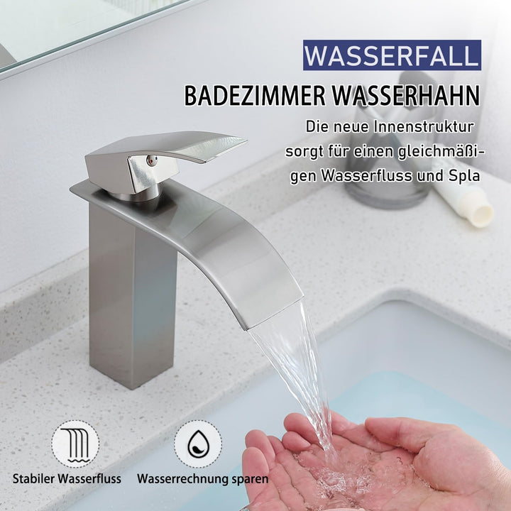 GENBONS Wasserhahn Bad Edelstahl | Wasserfall Waschtischarmatur für Badezimmer | Mischbatterie Wasch
