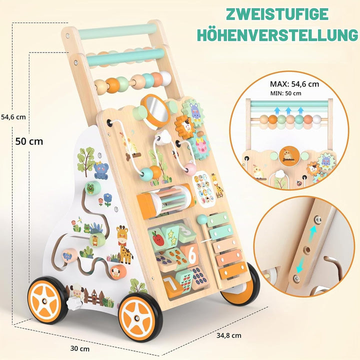 Holz-Lauflerner für Kleinkinder 12+ Monate, Montessori-Schiebewagen mit Aktivitätszentrum, Perlenlab