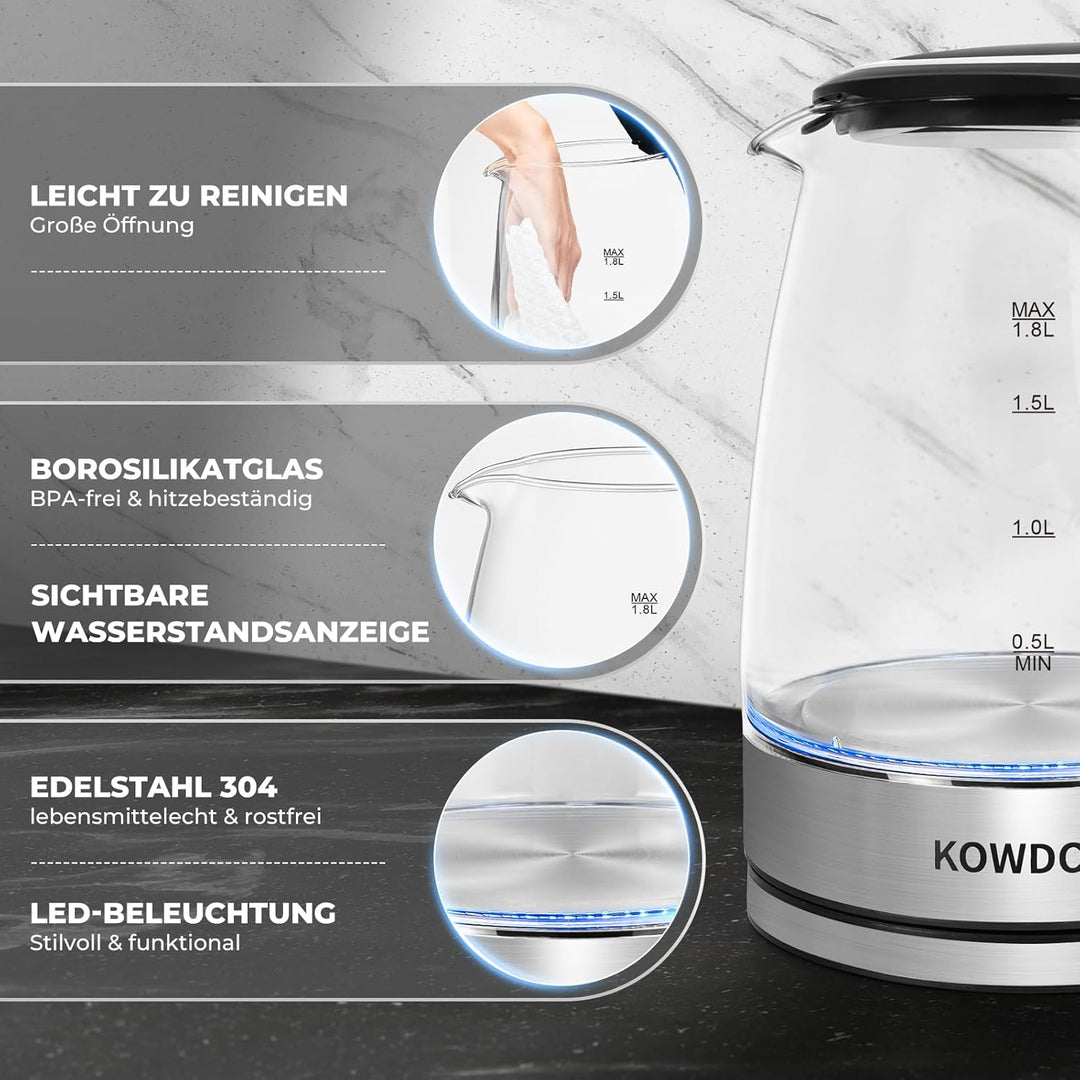 Glas-Wasserkocher 1,8L aus Borosilikatglas & BPA-frei - 2200W mit Blitzaufheizung | Automatische Abs