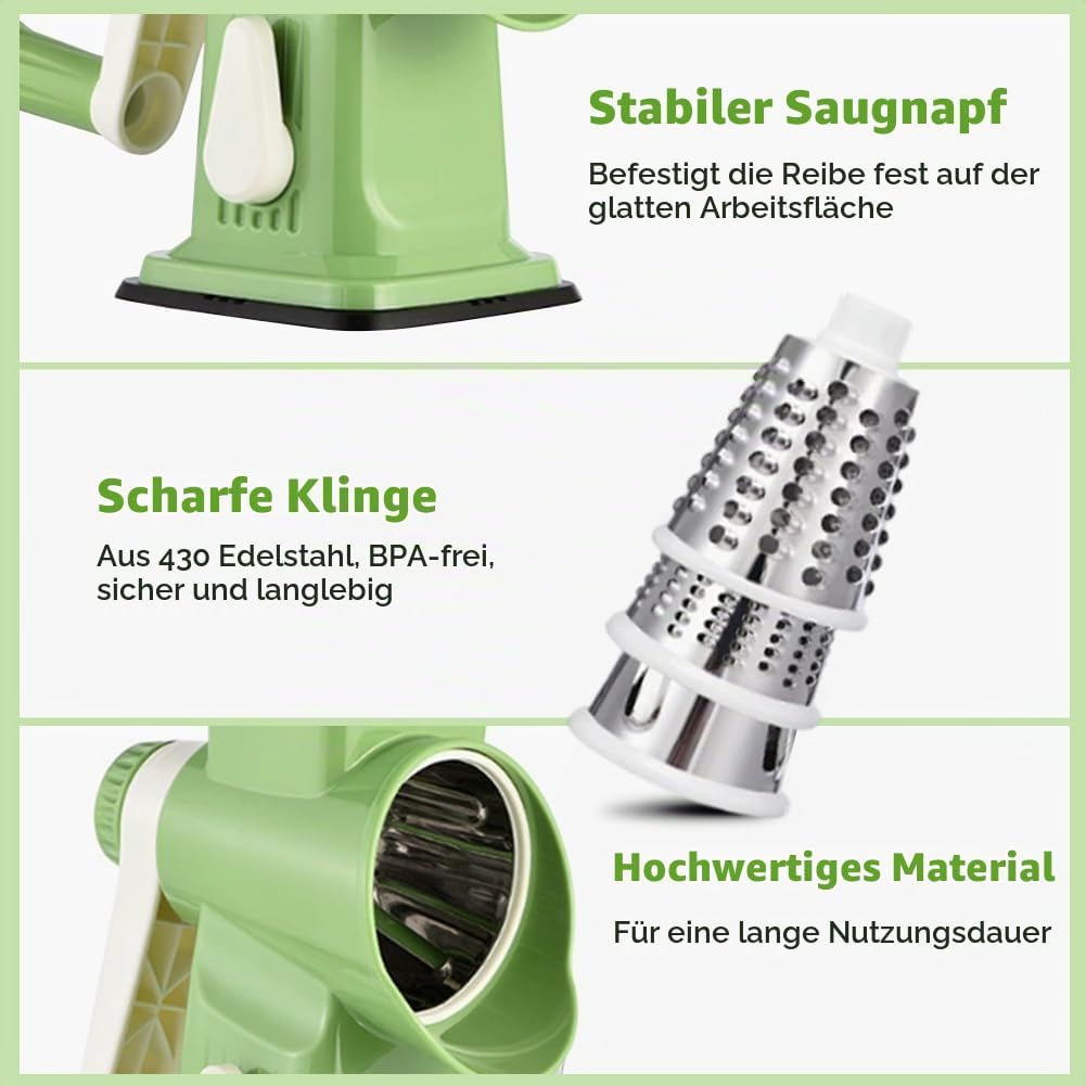 Käsereibe mit Kurbel, Gemüsehobel 3 Edelstahl Austauschbaren Trommelklingen, Schnelles Schneiden Gem
