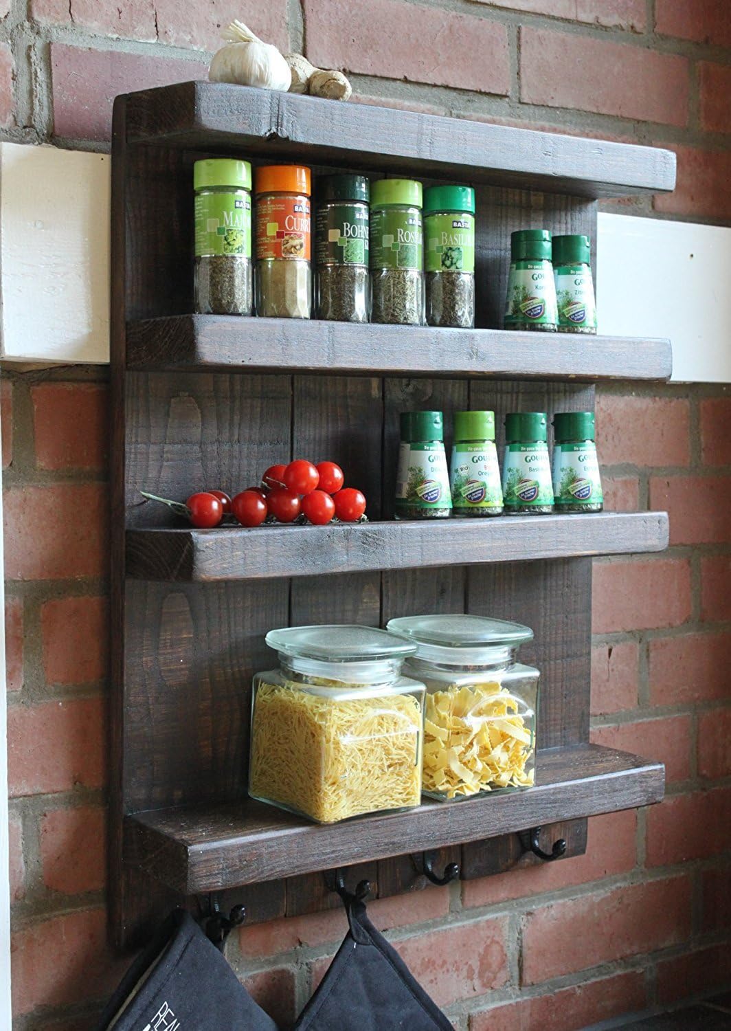Dekorie Gewürzregal aus Holz für die Wand - Braun - 4 Stellflächen - 65 x 50 x 12 cm - Massivholz, B