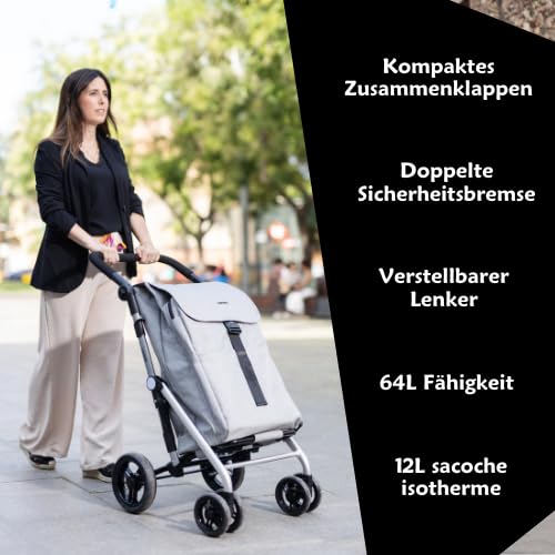 Carlett Einkaufstrolley mit 4 Rädern, faltbar, 64 L Tasche bis 32 kg + 12 L Thermofach, höhenverstel
