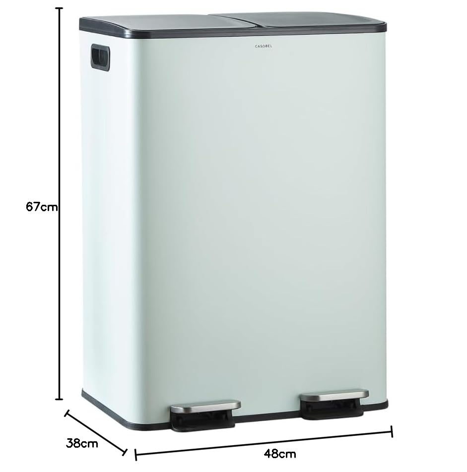 CASABEL Mülleimer Küche Mülltrennung 60L – 2x30L Doppelkammer mit Pedal, Edelstahl Mintgrün, Abfalle