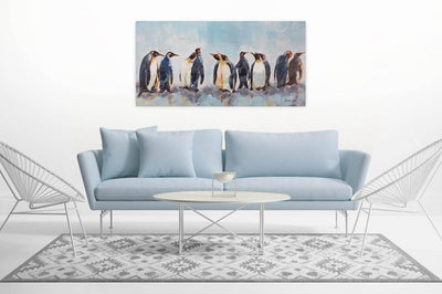 KunstLoft Leinwandbild | 100% HANDGEMALT | 120x60cm | Gemälde 'Kreis der Pinguine' | Pinguin | Blau