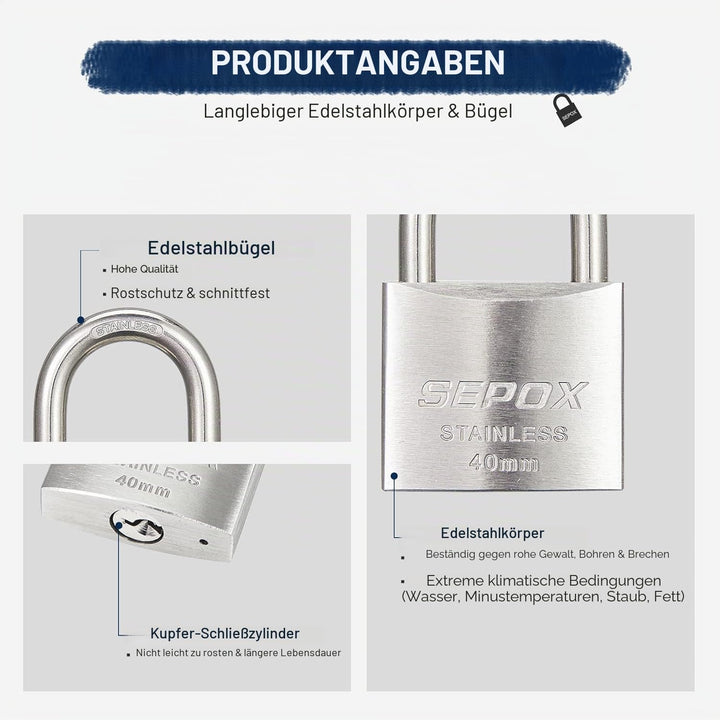 SEPOX® 40mm Edelstahl Vorhängeschloss mit Schlüssel für Aussenbereich, Wetterfestes, Schwerlastiges,