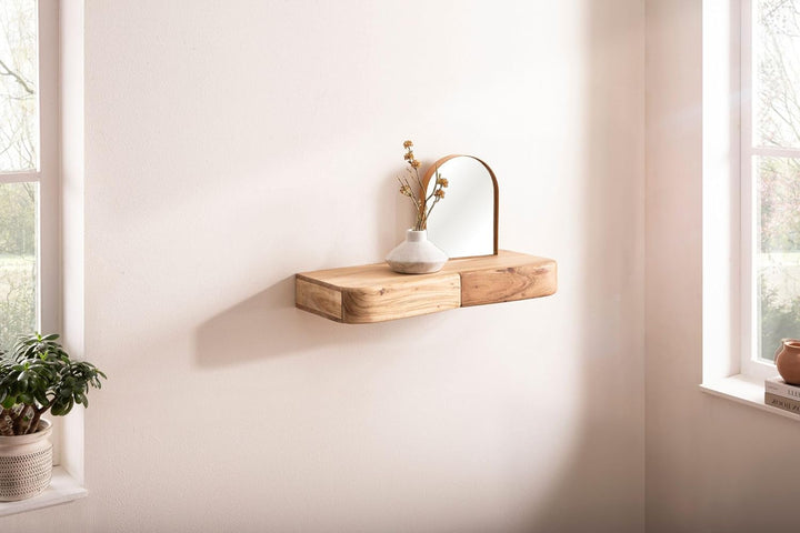 Wohnling Wandregal Akazie Massivholz 60cm mit Zwei Schubladen - Design Regal für die Wand - Holz Wan