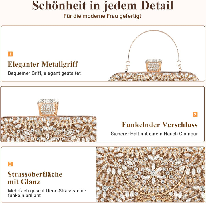DIRRONA Strass Damen Handtasche Elegante Hochzeits Braut Clutch Bag Exquisite Kettentasche Glitzer P
