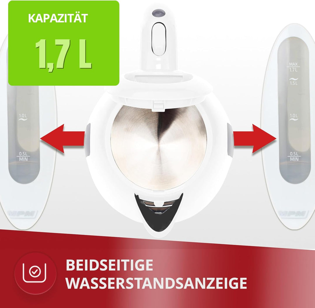 MPM MCZ-85 Elektrischer Wasserkocher, Fassungsvermögen 1,7 Liter BPA frei, Kabellos, 360°-Drehbasis,