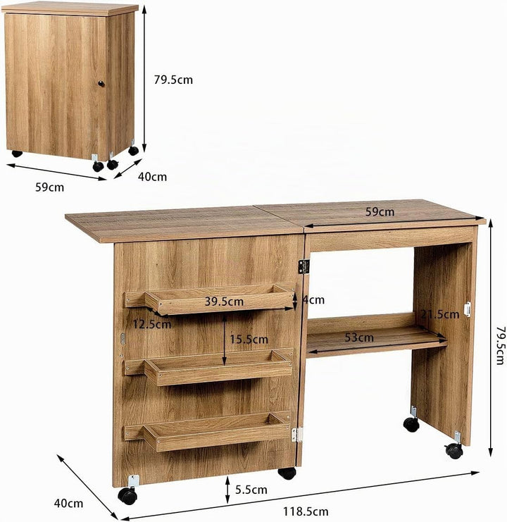FANTASK Holz Nähschrank &amp; Schreibtisch klappbar, Natur Nähtisch mit 3 Einlegeböden für Spulen, Nähti