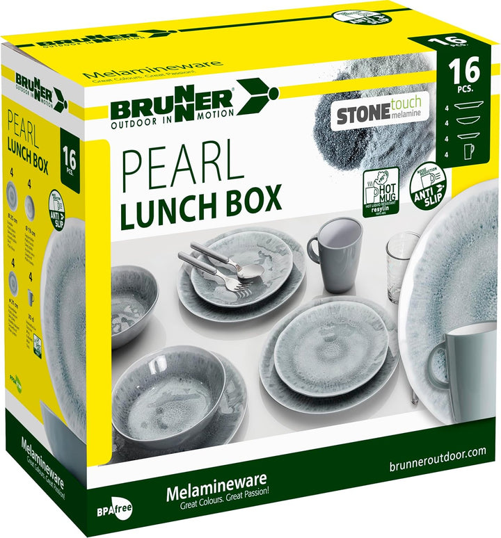 BRUNNER Melamin ESS Geschirr Set Lunch Box 16-teilig Camping Reise Teller Becher Stonetouch Pearl, S