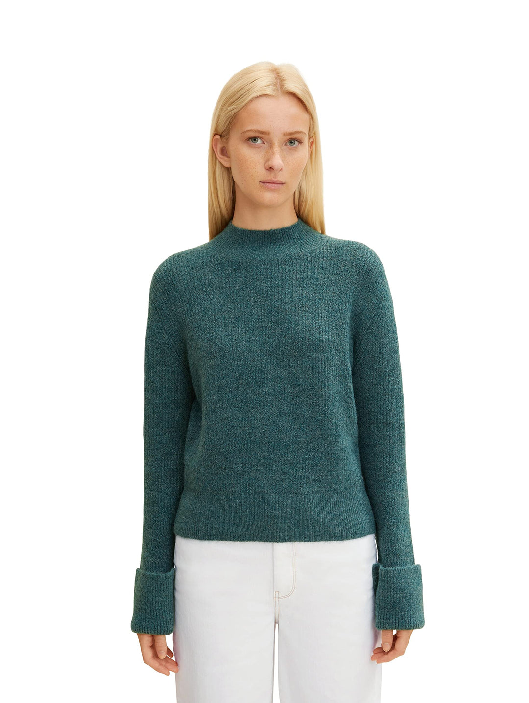 TOM TAILOR Denim Damen Pullover mit umgeschlagenem Ärmel M 30358 - Green Dust Melange, M 30358 - Gre