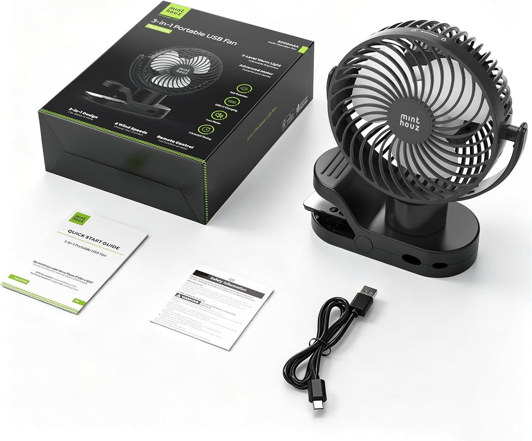 Minthouz Clip Ventilator, 8000mAh USB Tischventilator 4 Windstufen, 6 Zoll | Max 38h Laufzeit, Beleu