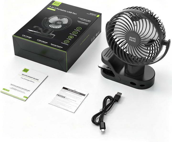 Minthouz Clip Ventilator, 8000mAh USB Tischventilator 4 Windstufen, 6 Zoll | Max 38h Laufzeit, Beleu