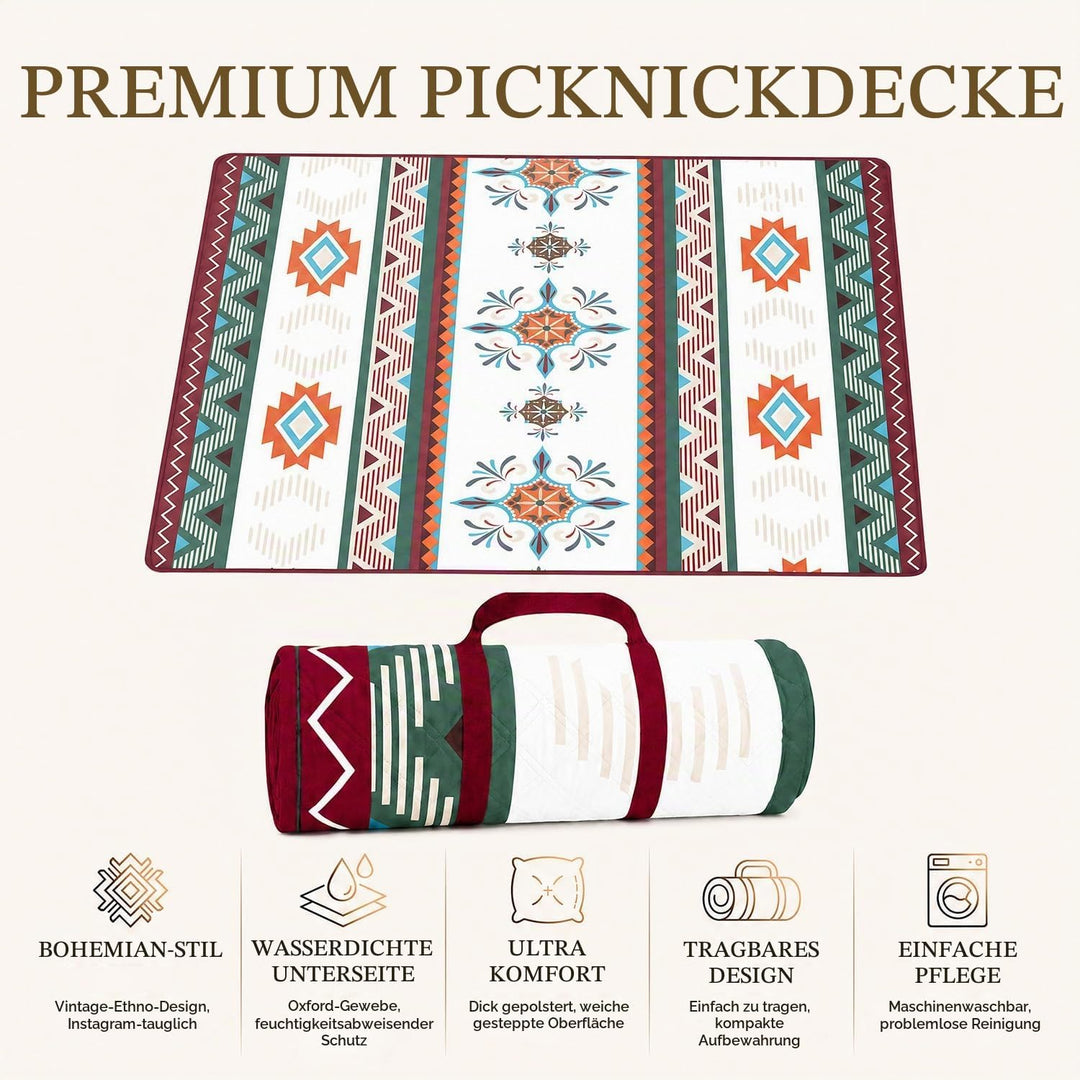 Picknickdecke Boho Wasserdicht 200x200cm – Stranddecke Sandfrei &amp; Waschbar, Extra Gross Outdoor Deck