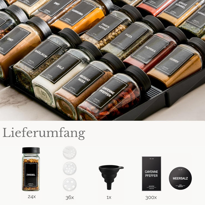 Greeano Gewürzgläser Set [24 x 120ml] mit 300 Gewürzetiketten [DE] - Gewürzgläser eckig mit Streuein