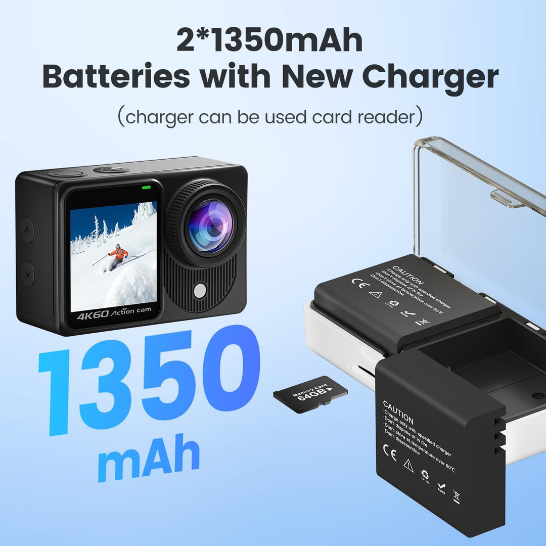 Touchscreen 4K60FPS Action Cam mit 64G Karte, 40M Unterwasserkamera 48MP HD WiFi Kamera mit EIS 8X Z