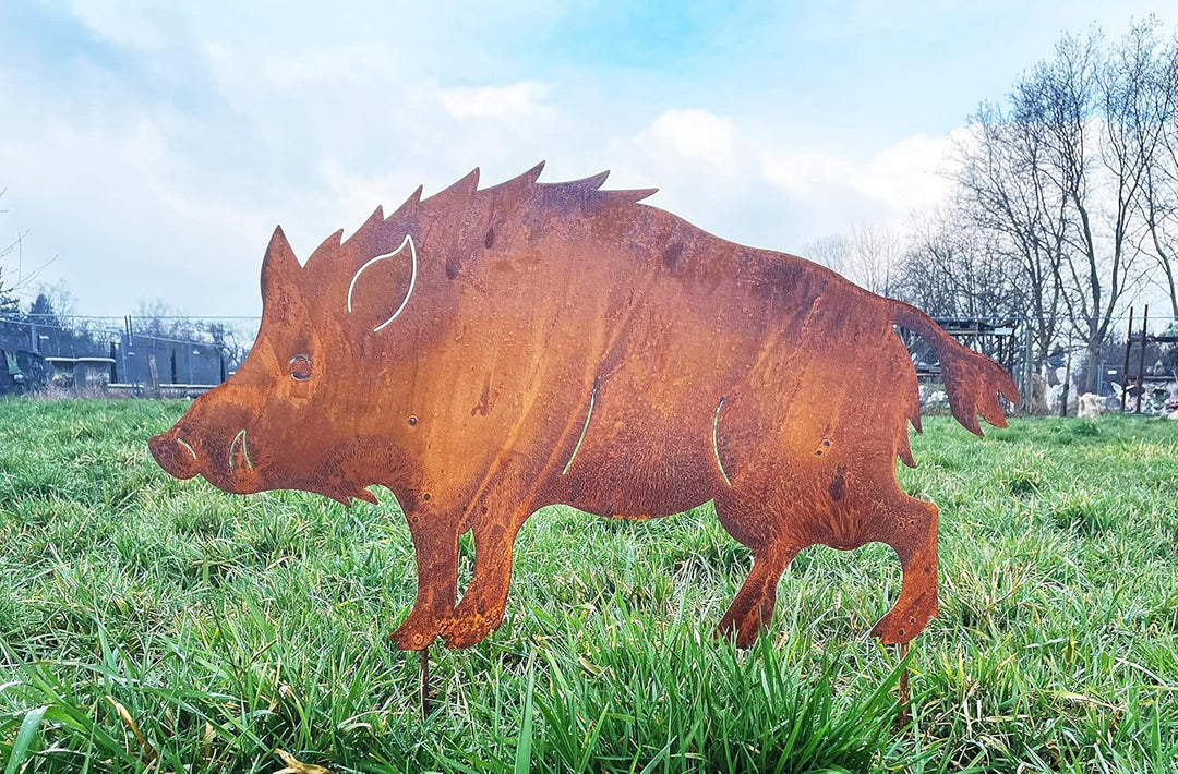 STEINFIGURENWELT GIEBEN Wildschwein stehend 90x50cm zum Stecken Gartenstecker Edelrost Gartendeko We