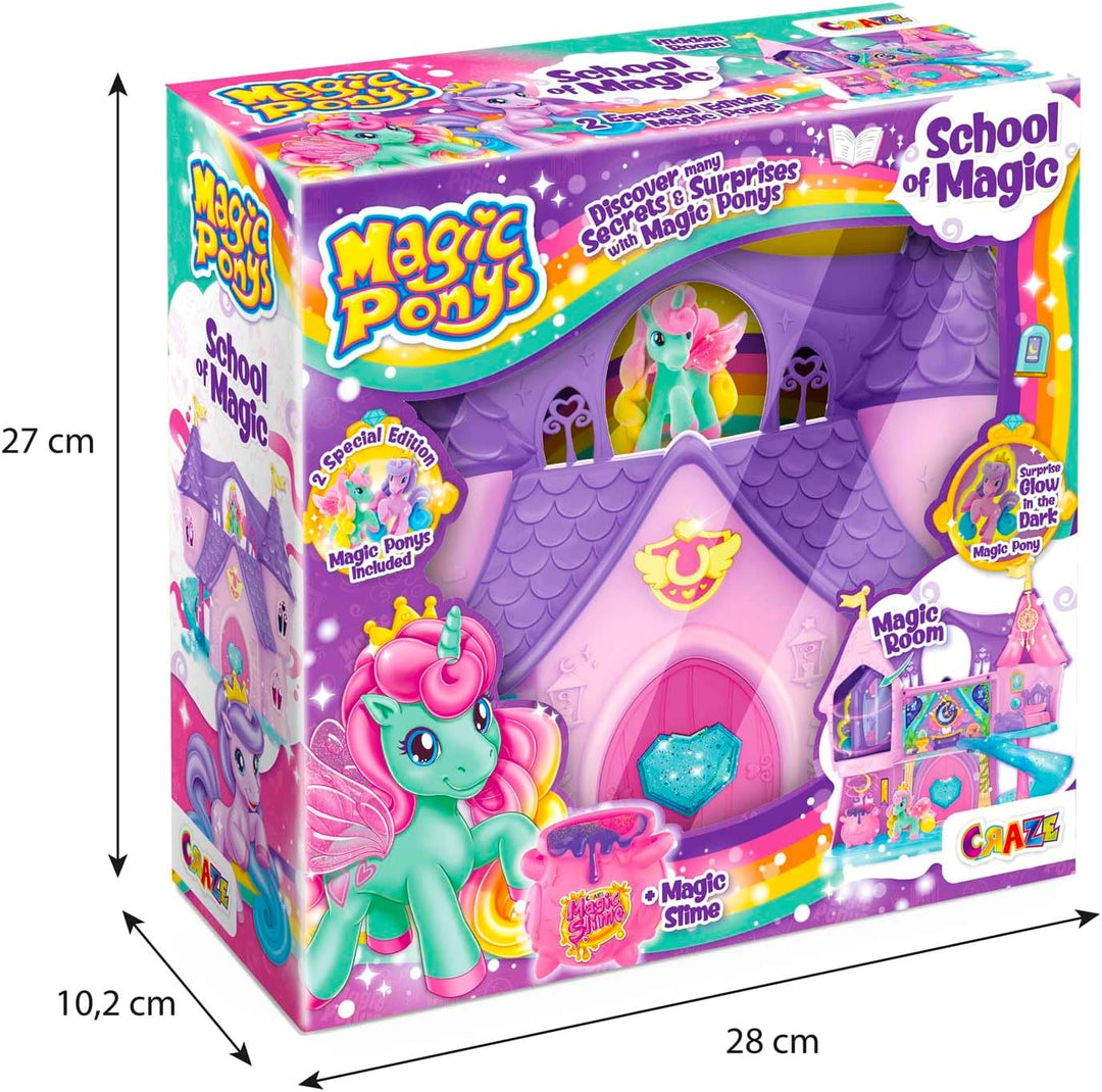 Magic PONYS School of Magic Spielset – grosses Spielschloss für Mädchen mit 2 exklusiven Ponys & Glo