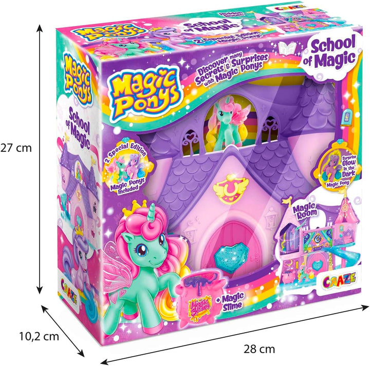 Magic PONYS School of Magic Spielset – grosses Spielschloss für Mädchen mit 2 exklusiven Ponys & Glo