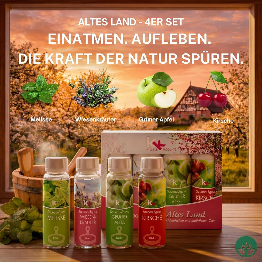 KK Saunaaufguss-Set "Altes Land" - Made in Germany - 4 verschiedene Duftsorten in einem Set - Meliss