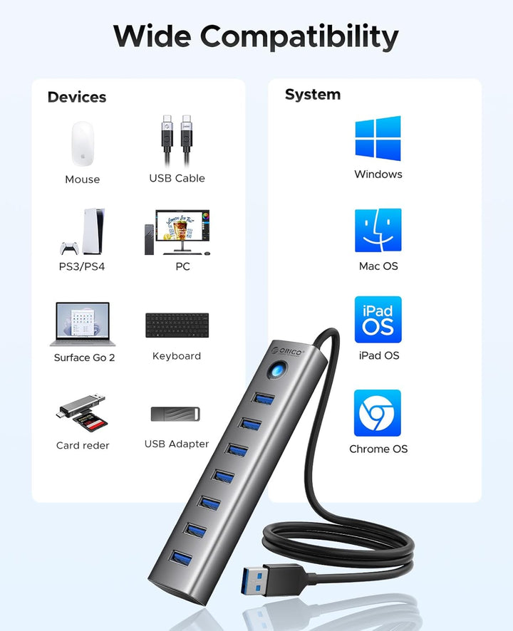 ORICO 7-Port USB-Hub - Aluminium USB Verteiler mit 100 cm Kabel, USB 3.0 5Gbps Datenrate, 5V 3A Type