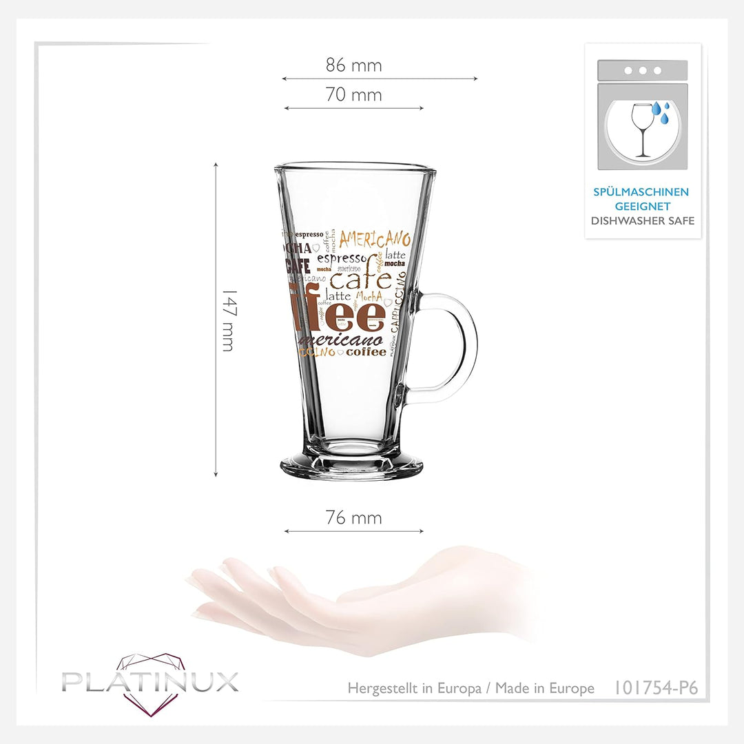 PLATINUX Kaffeegläser mit Motiv max. 280ml Set 6-Teilig aus Glas Latte Macchiato Gläser mit Griff Ca
