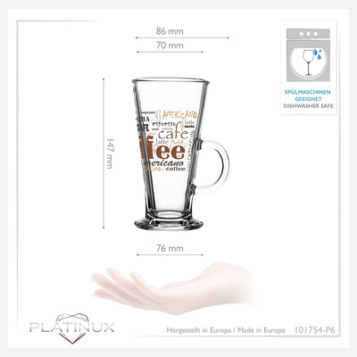 PLATINUX Kaffeegläser mit Motiv max. 280ml Set 6-Teilig aus Glas Latte Macchiato Gläser mit Griff Ca