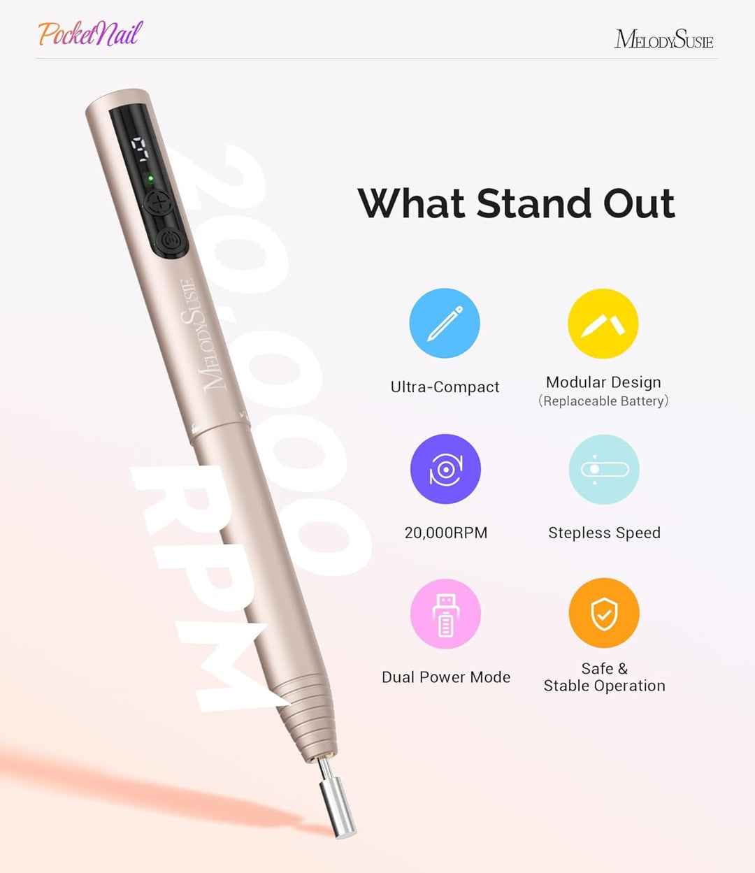 MelodySusie Nagelfräser Kabellos, Elektrische Nagelfeile Fräser für Gelnägel Acrylnägel, PC100GR Nai