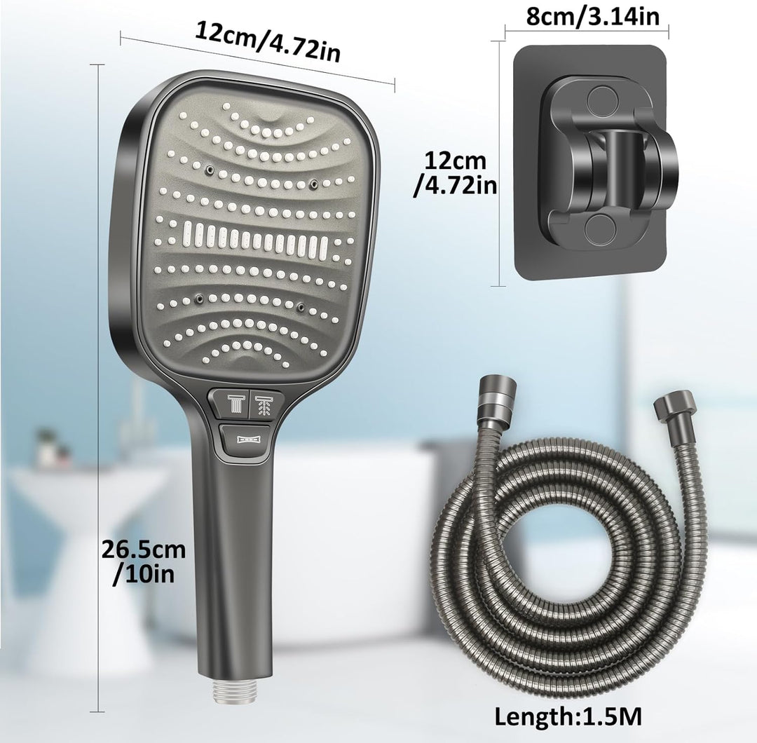 Duschkopf Set mit 1,5m Schlauch & Halterung – XXL Hochdruck Regenduschkopf (120mm), 8 Strahlarten, W